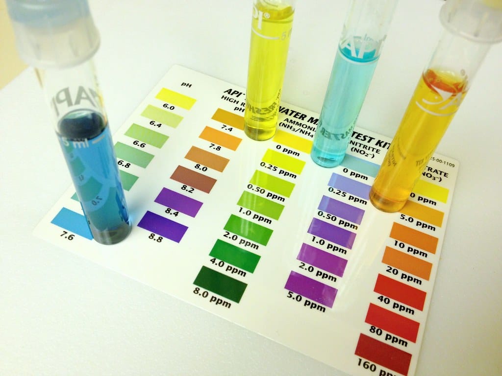 Aquarium water test kit showing pH, ammonia, nitrite, and nitrate levels with color charts and test tubes.