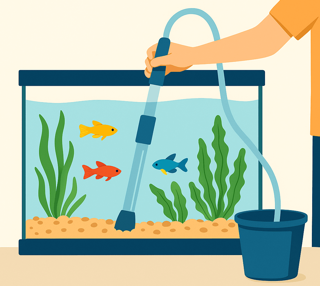 A flat-style illustration showing proper aquarium gravel cleaning with a siphon, where waste water is removed into a bucket.