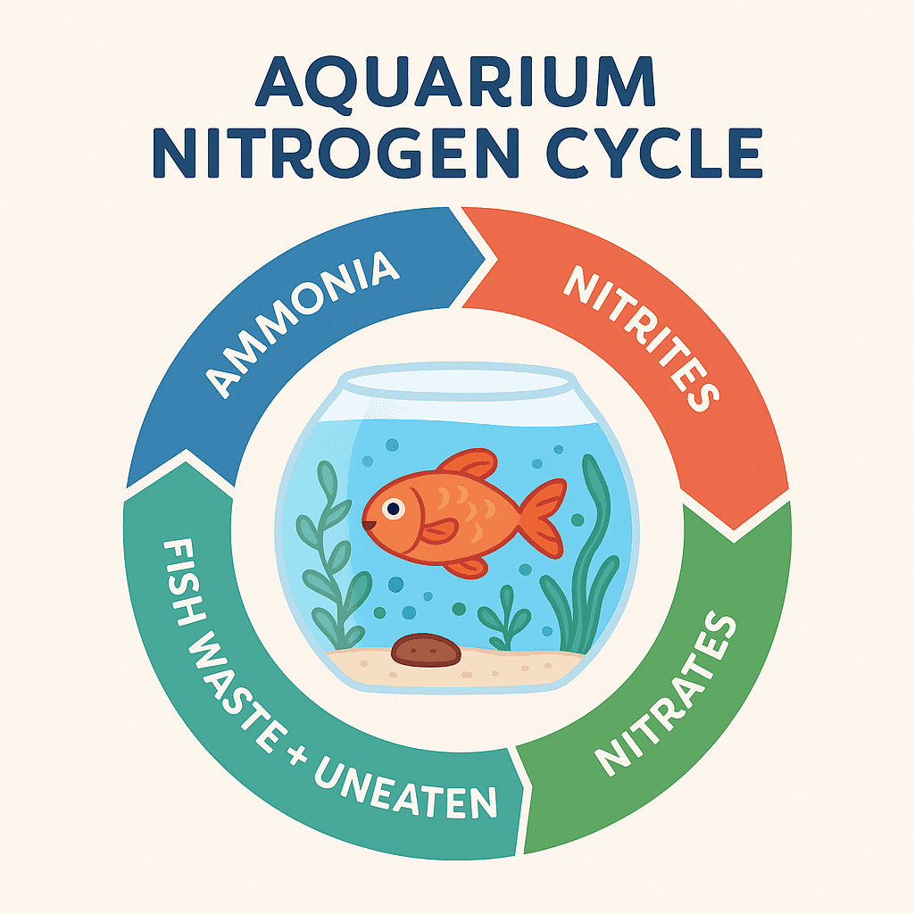 Flat-style diagram showing the aquarium nitrogen cycle: fish waste and uneaten food producing ammonia, converted to nitrites, then nitrates, which are absorbed by plants.