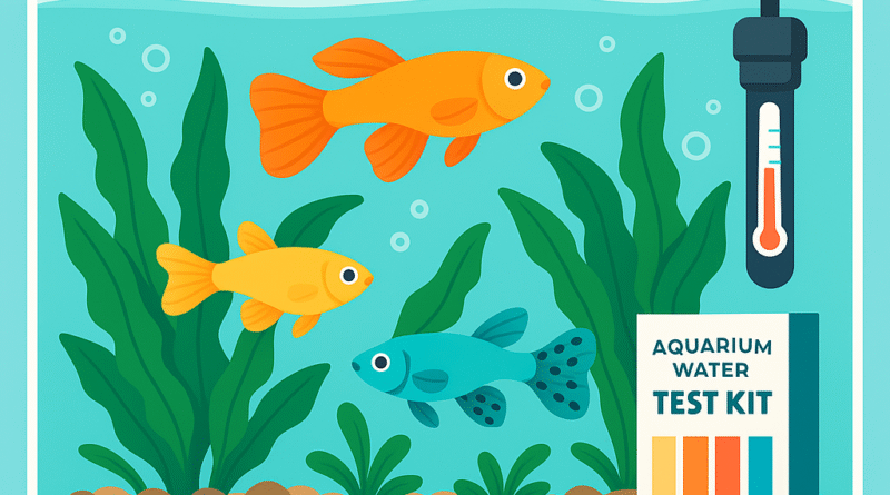 Flat-style illustration of a clean freshwater aquarium with guppies swimming among Java fern plants, featuring a thermometer and water test kit for proper tank care.