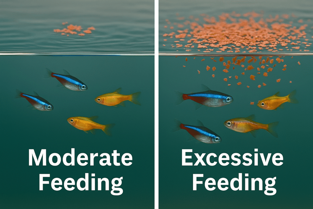Side-by-side comparison showing proper fish feeding on the left and overfeeding on the right, with small tropical fish visible near food on the water surface.