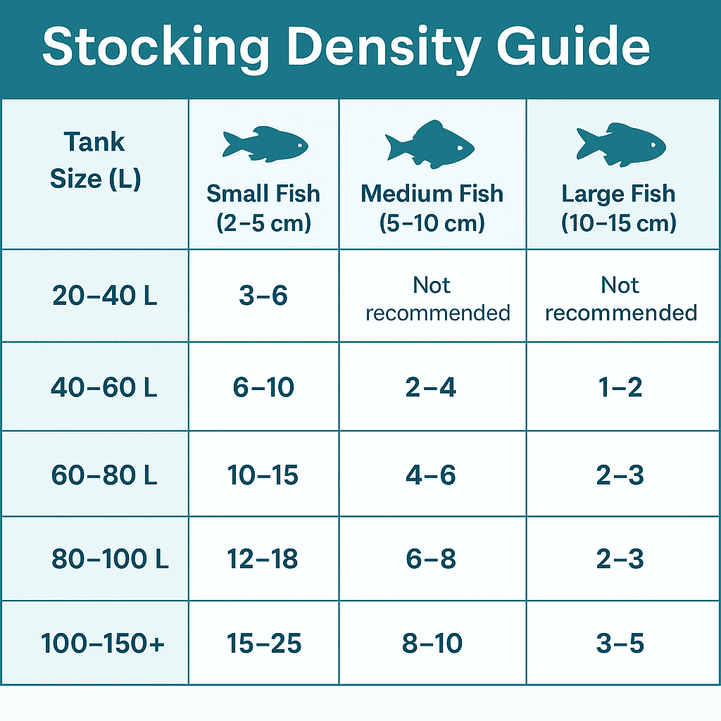 How many fish per liter? Stocking density guide showing safe fish counts for aquariums from 20L to 150L+, based on fish size (small, medium, large).