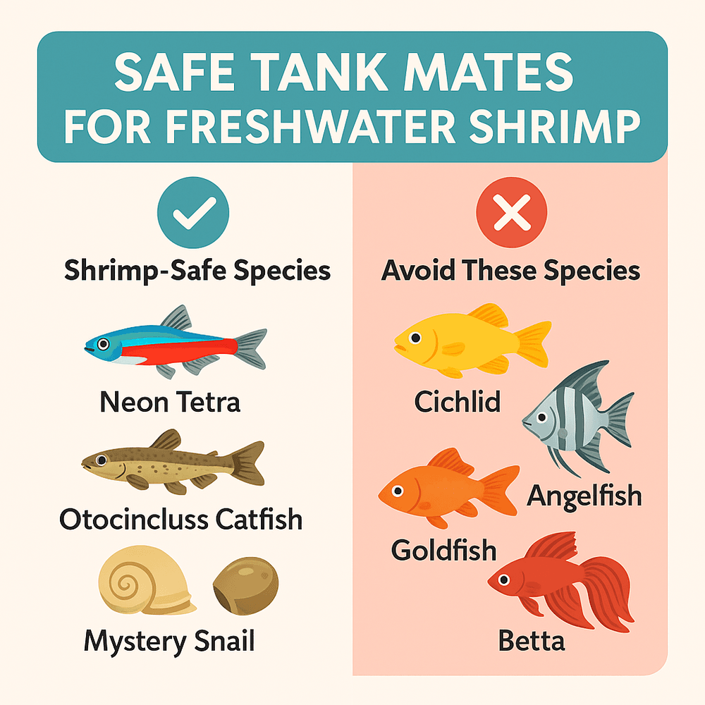 Safe and unsafe freshwater shrimp tank mates chart with fish icons like Neon Tetra, Corydoras, Betta, and Goldfish.