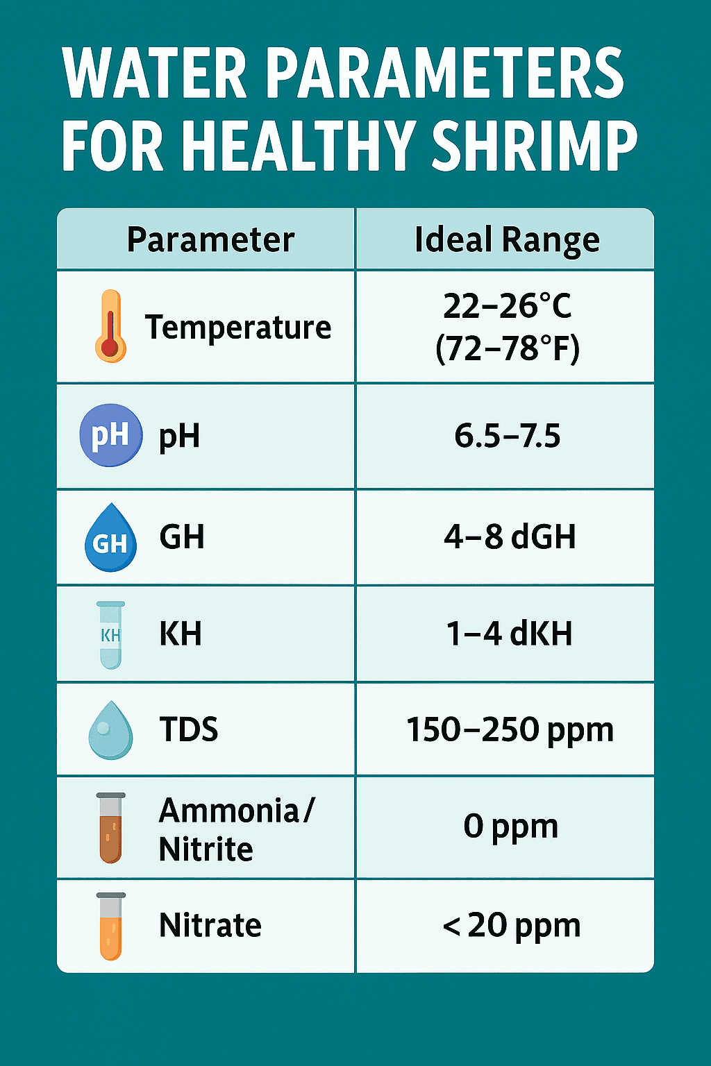 Infographic showing ideal water parameters for freshwater shrimp: temperature 22ā26°C (72ā78°F), pH 6.5ā7.5, GH 4ā8 dGH, KH 1ā4 dKH, TDS 150ā250 ppm, ammonia and nitrite 0 ppm, nitrate under 20 ppm.