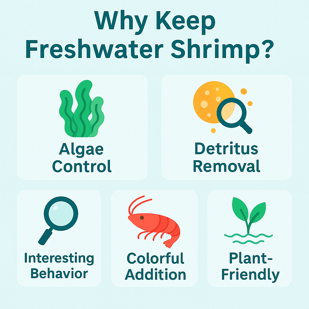 Infographic showing five benefits of keeping freshwater shrimp: algae control, detritus removal, interesting behavior, plant compatibility, and low bioload.