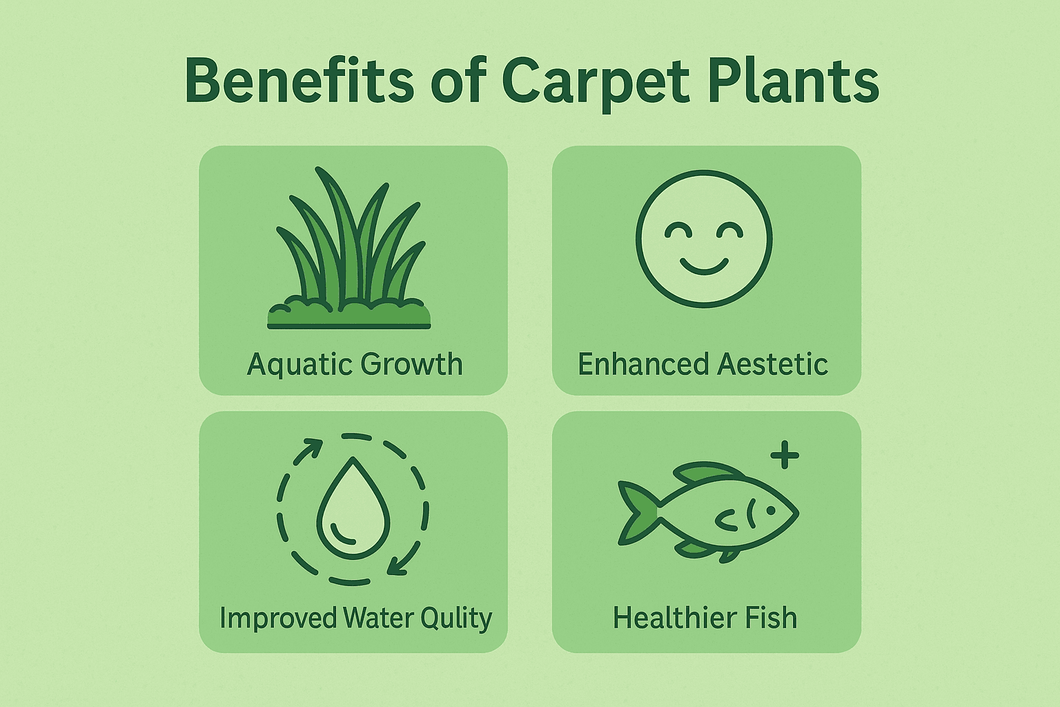 Infographic showing key benefits of carpet plants in aquariums including aesthetics, shelter, water quality, and substrate stabilisation