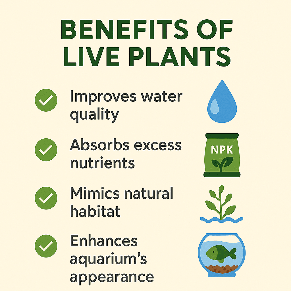 Square infographic titled "Benefits of Live Plants" showing a checklist with icons highlighting the advantages of live aquarium plants.