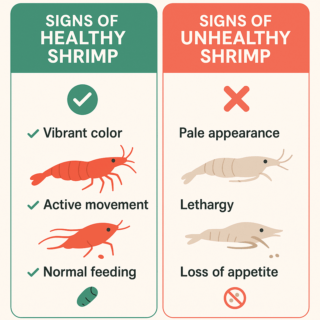 Infographic comparing signs of healthy versus unhealthy freshwater shrimp, with icons for vibrant color, active movement, and normal feeding on the healthy side, and pale appearance, lethargy, and loss of appetite on the unhealthy side.