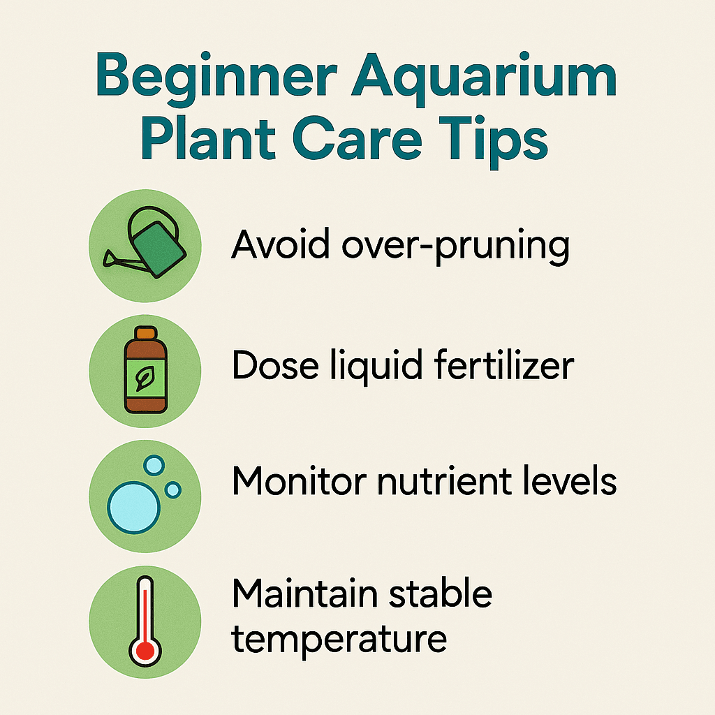 Beginner Aquarium Plant Care Tips infographic showing icons and tips such as regular water changes, trimming dead leaves, avoiding over-fertilization, and providing proper lighting.