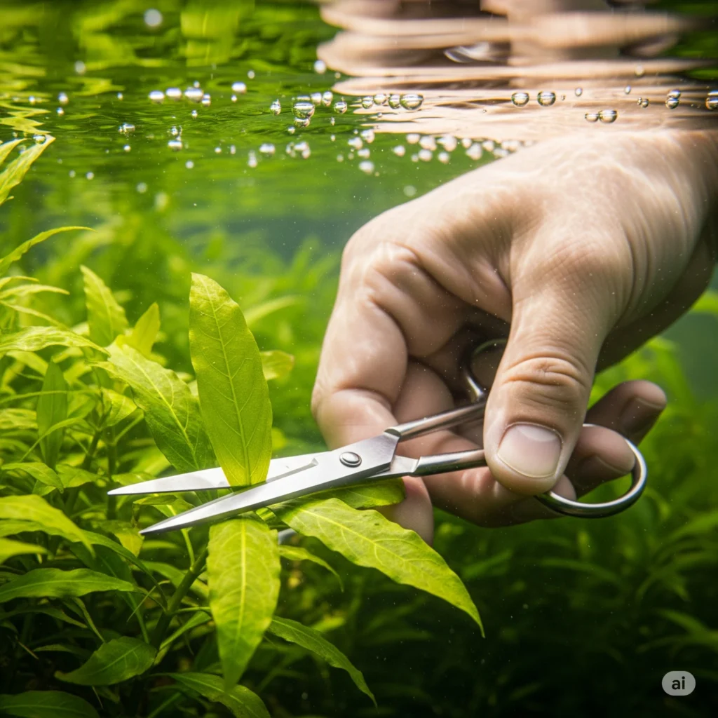 Close-up of an aquarist's hand using scissors to trim vibrant green aquatic plants in a well-lit freshwater aquascape.