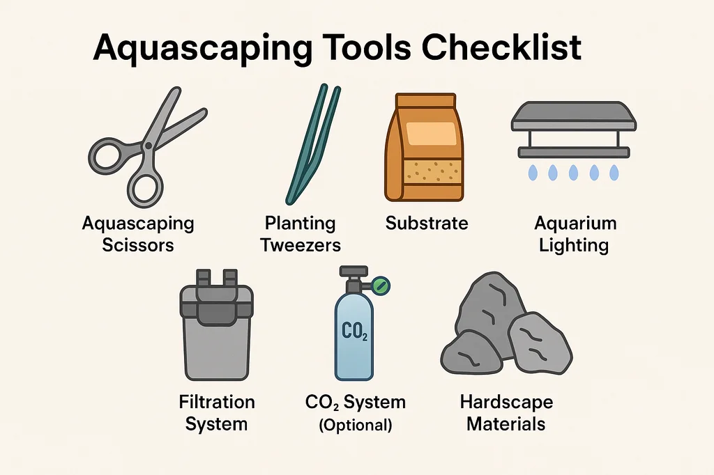 Infographic showing essential aquascaping tools including scissors, tweezers, substrate, lighting, filtration, CO₂ system, and hardscape materials