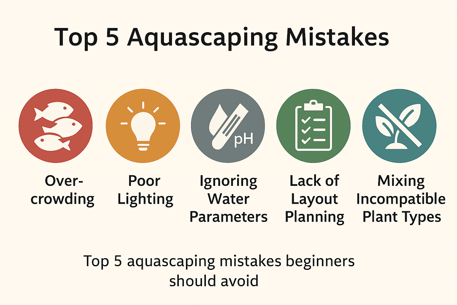 Infographic showing five common aquascaping mistakes with icons for overcrowding, poor lighting, ignoring water parameters, lack of layout planning, and mixing incompatible plant types.