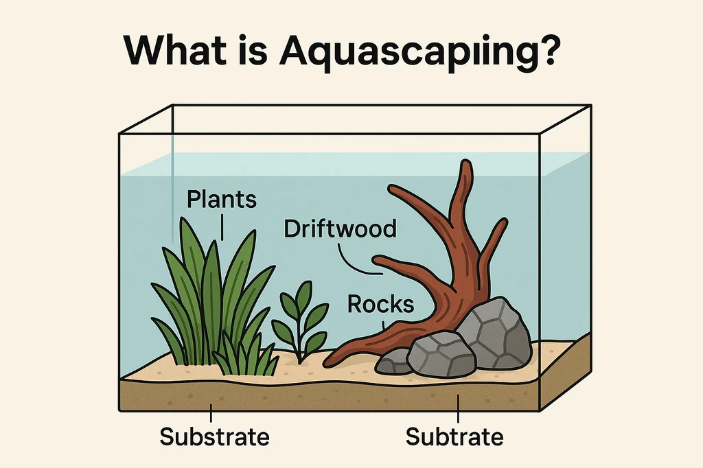 Infographic of an aquascaped aquarium showing plants, driftwood, rocks, and substrate with labels